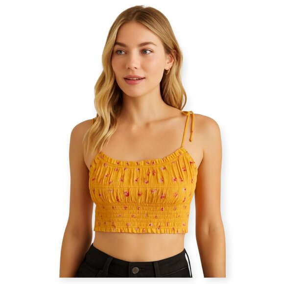 Free People Smocked Floral Ruffled Kaia Tank Top XS Mango EUC - Picture 9 of 9